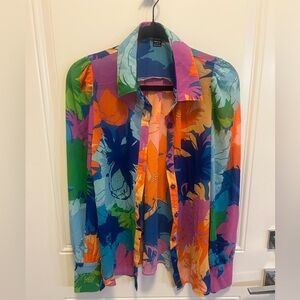 Multicolor Sheer Floral Button-Down Blouse – Bold Statement Top, Size S